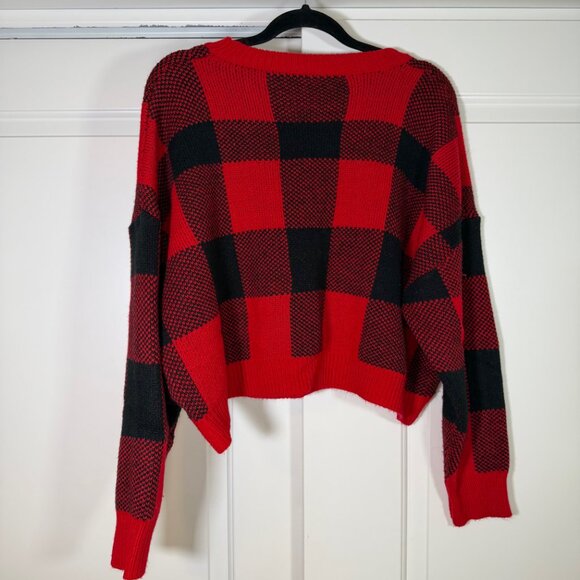 Red & Black Buffalo Plaid Drop Shoulder Cropped Sweater 2X - Picture 6 of 9